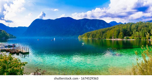 Idyllic Nature Scenery - Beautiful Magic Lake Bohinj In Slovenia