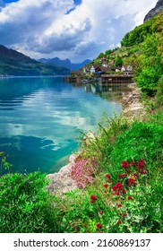 Idyllic nature of Swiss lakes - Walensee ,tranquil typical small village Quinten. Switzerland scenic landscape