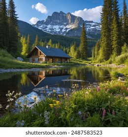 Idyllic nature view featuring a charming log cabin surrounded by wilderness - Powered by Shutterstock