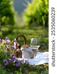 An idyllic outdoor picnic scene set in a vineyard. A wicker basket with a bottle of wine, a cloth, and a glass of white wine is placed on a white blanket.