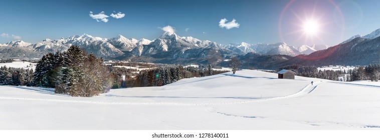 Idyllic Panorama Landscape In Bavaria At Winter