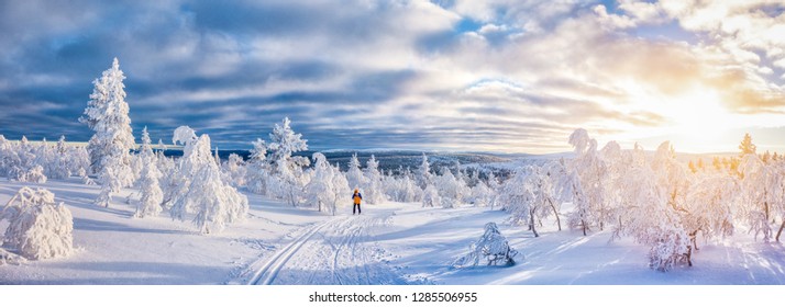 Idyllische Panoramasicht auf Jungmann Langlaufen auf einer Strecke in schöner weißer Winterwunderlandschaft in Skandinavien mit malerischem goldenem Abendlicht bei Sonnenuntergang im Winter, Nordeuropa