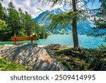 Idyllic place on the Chastè peninsula at Lake Sils in the Upper Engadine, Switzerland