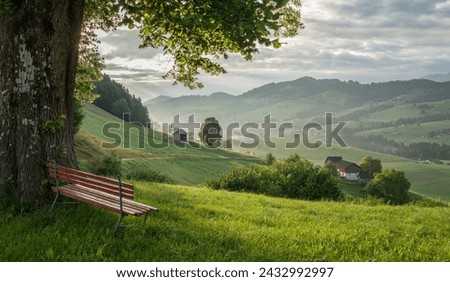 idyllic resting spot with bench overlooking the green hills in Appenzeller region. Early morning view with some fog in the valley. Early morning warm morning light. hills in Appenzell, Switzerland.