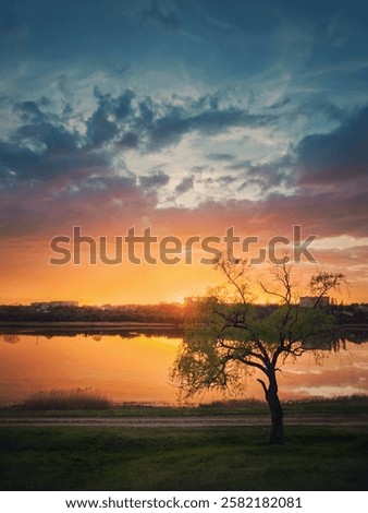 Similar – Image, Stock Photo A tranquil evening scene with typical Dutch houses and a windmill reflected in the calm waters of Zaanse Schans