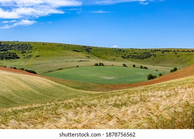 An Idyllic South Downs Summer Landscape With A Poppy Field In The Distance