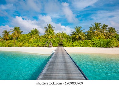 Idyllic Tropical Beach Landscape For Background Or Wallpaper. Design Of Tourism For Summer Vacation Landscape, Holiday Destination Concept. Exotic Island Scene, Relaxing View. Paradise Seaside Lagoon