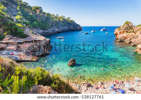 Idyllic view of the beautiful beach of Cala Deia, Majorca island, Mediterranean Sea.