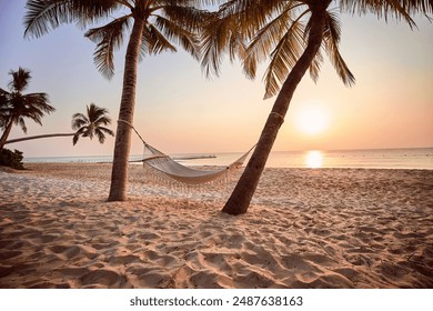 Idyllic wallpaper of a hammock on a tropical island among palm trees at sunset