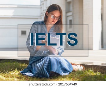 IELTS Word. Woman Learning, Studying And Preparing For English Language Exam.