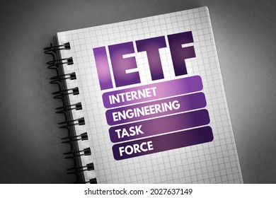 IETF Internet Engineering Task Force - Open Standards Organization, Which Develops And Promotes Voluntary Internet Standards, Acronym Text On Notepad