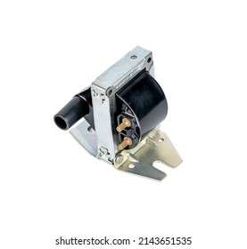 Ignition Coil Spare Isolated On White Background. Ignition System For Russian Car Cut Out.