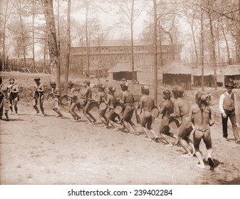 Igorot Men From The Philippines Dance In A Semi-circle. The Huts In The Background Are Part Of The Louisiana Purchase Exposition. 1904.