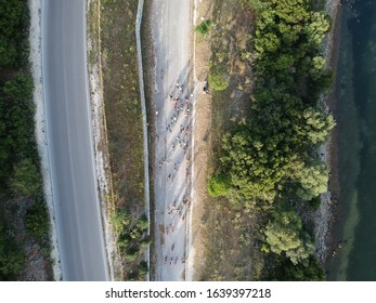 
Igoumenitsa Cycling Club Mountain Biking Cycling Race Bike Path Aerial View Drone Photo Igoumenitsa Greece Epirus 
