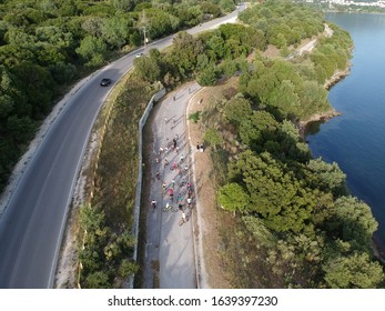 
Igoumenitsa Cycling Club Mountain Biking Cycling Race Bike Path Aerial View Drone Photo Igoumenitsa Greece Epirus 
