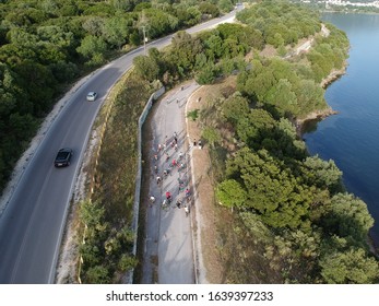 
Igoumenitsa Cycling Club Mountain Biking Cycling Race Bike Path Aerial View Drone Photo Igoumenitsa Greece Epirus 
