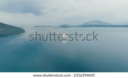 Igoumenitsa, Greece. Large ferry enters the port, Aerial View  