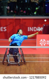 IINDONESIA, October 6-13, 2018 : WETWITHAN AMNOUY From Thailand In Action During Badminton Women's Singles WH2 In Asian Para Games 2018 At JAKARTA, INDONESIA