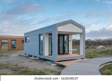 IJMUIDEN-JANUARY 12 2020. The Tiny House Movement Is A Turn To A Simpler Life, Where People Choose To Live With Less. In IJmuiden You Can Experience This By Renting Them. 