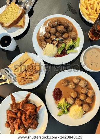Ikea meatball, fried chicken, mushroom soup, garlic bread. Ikea foods. Ikea Malaysia.