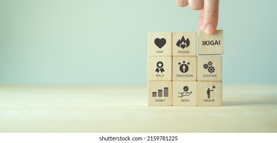 IKIGAI Japanese Concept. Reason for being and a sense of your own purpose in life. The japanese secret of happiness  finding through intersection between passion, mission, vocation and profession. - Shutterstock ID 2159781225