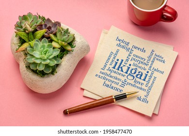 ikigai word cloud - interpretation of Japanese concept  - a reason for being as a balance between love, skills, needs and money - writing on a napkin with a cup of coffee