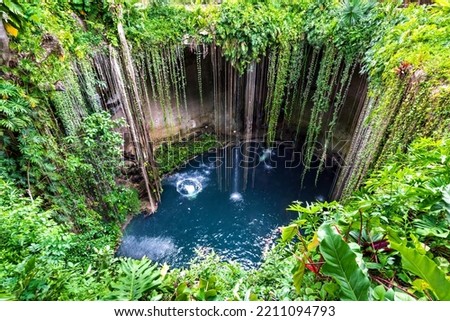 Ik-Kil Cenote, Chichen Itza, Mexico. Lovely cenote with transparent waters and hanging roots, Central America.