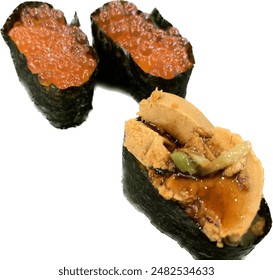 Ikura gunkan maki sushi ( (Salmon Roe Gunkan Sushi) and foie gras  sushi Isolated on white background - Powered by Shutterstock