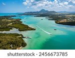 Ile aux Cerfs island with idyllic beach scene, aquamarine sea and soft sand, Ile aux Cerfs, Mauritius, Indian Ocean, Africa. Ile aux Cerf in Mauritius, beautiful water and breathtaking landscape.