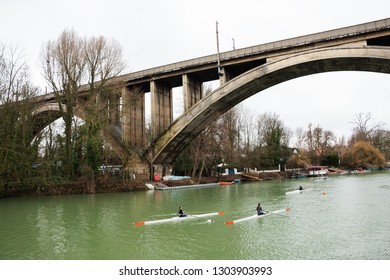 ILE-DE-FRANCE, FRANCE - JANUARY 26, 2019: Junior Rowers Training At Marne River.