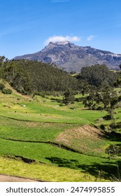 Ilinizas Volcano, Andean landscape with its crop fields and mountains showing their greenery on a clear morning, south eastern view.