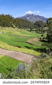 Ilinizas Volcano, Andean landscape with its crop fields and mountains showing their greenery on a clear morning, south eastern view.