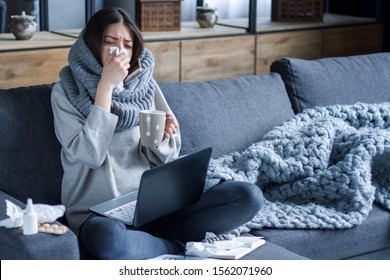 Ill Brunette Girl Is Sitting At Sofa And Working Remotely On Laptop. Female Is Blowing Out Snot, Having Fever And Headache. Young Woman Is Treated At Home, Took Sick Leave. Winter Cold And Flu Concept