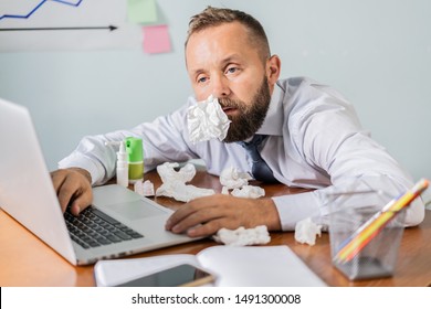 Ill At Work Young Man Got Flu Allergy Sneezing Blowing Wiping Running Nose In Tissue, Allergic Guy Caught Cold At Job Sitting At Home Office Workplace Having Respiratory Disease, Sick Leave Concept