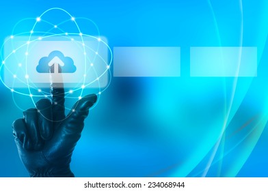 Illegal data upload concept with hand wearing black glove touching virtual screen