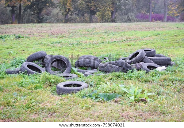 Illegal dump of\
old used tires in green\
nature