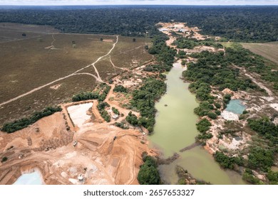 Illegal gold mining deforestation of the Amazon Rainforest, aerial view in the Jamari National Forest in Rondonia, Brazil. Concept of environment, ecology, climate change, global warming, nature.