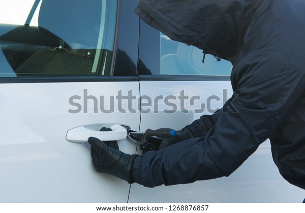 illegal opening of a door of motor transport,\
the criminal in black clothes and\
gloves