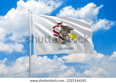 Illinois flag waving in the wind on clouds sky. High quality fabric. International relations concept