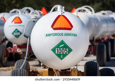 Illinois, USA, October 2020 - Rows Of Tanks Filled With Anhydrous Ammonia. Nitrogen Fertilizer, Corn, Farm Crops, Food, Green, Grow, Chemicals, Hazardous, Dangerous, Deadly, Kill, Flammable