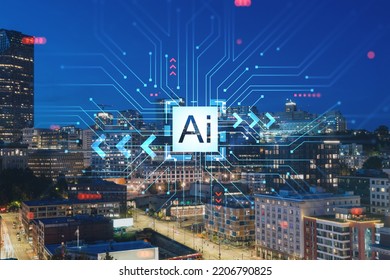 Illuminated aerial cityscape of Seattle, downtown at night time, Washington, USA. Artificial Intelligence concept, hologram. AI, machine learning, neural network, robotics