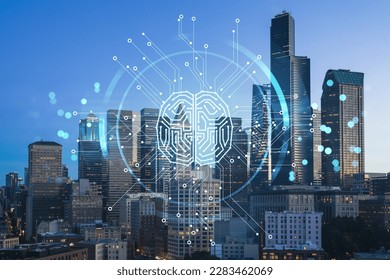 Illuminated aerial cityscape of Seattle, downtown at night time, Washington, USA. Artificial Intelligence concept, hologram. AI, machine learning, neural network, robotics