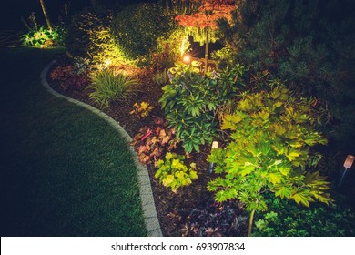 Illuminated Backyard Garden. Night Time Photo. Outdoor Garden Lighting.