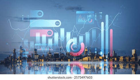 Illuminated bar charts, line graphs, and percentages overlay New York skyline at dusk, reflecting finance and trading concepts