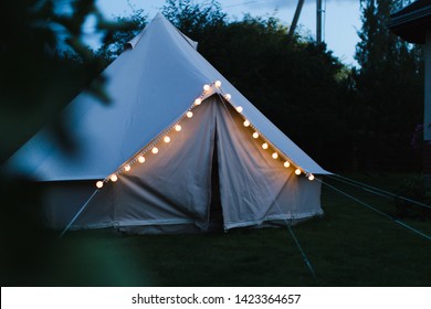 Illuminated Bell Tent At Night, Glamping