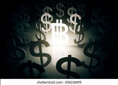 Illuminated bitcoin sign surrounded with dollar signs on abstract surface