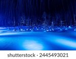 Illuminated blue pond in Biei, Hokkaido, Japan in winter