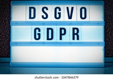 Illuminated board with the inscription DSGVO and GDPR (Datenschutzgrundverordnung) in English GDPR (General Data Protection Regulation)