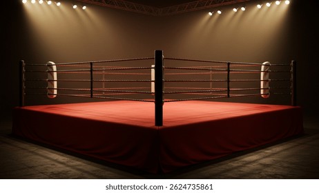 Anillo de boxeo iluminado en una arena humeante bajo focos brillantes. Lona roja, cuerdas marrones. anillo de boxeo, vacío, arena, focos, luces, rojo, marrón, cuerdas, humo, deportes, lucha.
