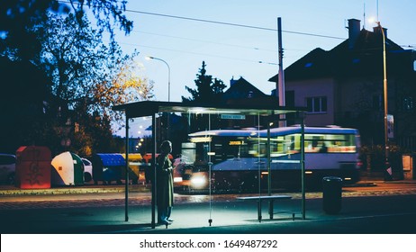 Illuminated bus stop in residential area on the outskirts of the city at night. Young woman waiting for public transport inside modern transparent shelter. 